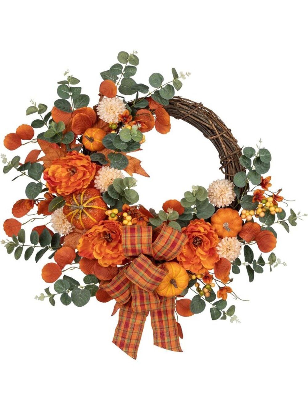 24" Fall Half Wreath with Pumpkin, Peony & Eucalyptus - Autumn Decor for Door